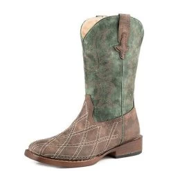 Roper Little Kids Brown And Green Cross Cut Diamond Square Toe Boots