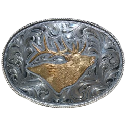 Vogt Mens Accessories - Buckle Sets - Hand Engraved Sterling Silver W/ Gold Elk Silhouette