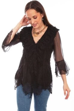 Scully Women's Shirt - Honey Creek Collection - Lace / Ruffle V-Neck - Black