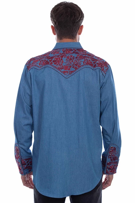 Scully Men's Shirt - Floral Tooled Embroidery - BNC - Blue & Cranberry - Image 2