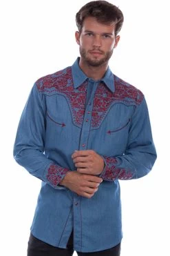 Scully Men's Shirt - Floral Tooled Embroidery - BNC - Blue & Cranberry