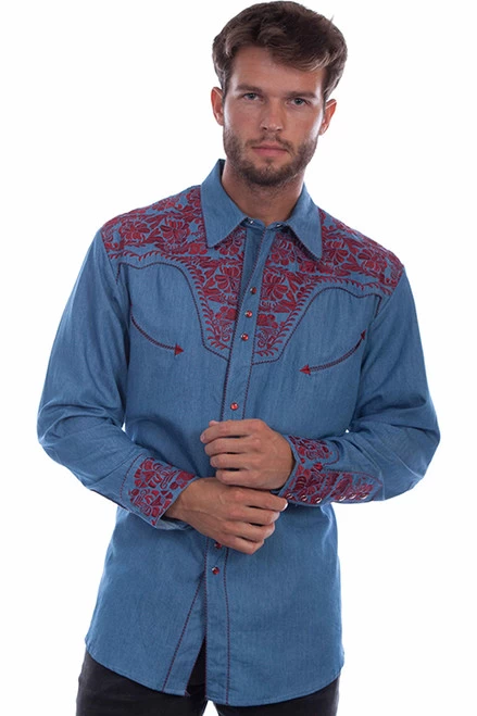 Scully Men's Shirt - Floral Tooled Embroidery - BNC - Blue & Cranberry
