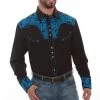 Scully Men's Shirt - Floral Tooled Embroidery - Black / Royal