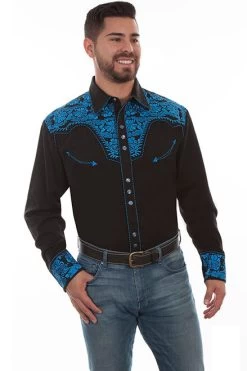 Scully Men's Shirt - Floral Tooled Embroidery - Black / Royal