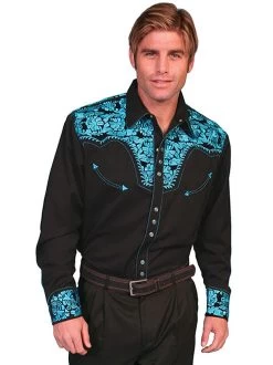Scully Men's Shirt - Floral Tooled Embroidery - Black / Turquoise